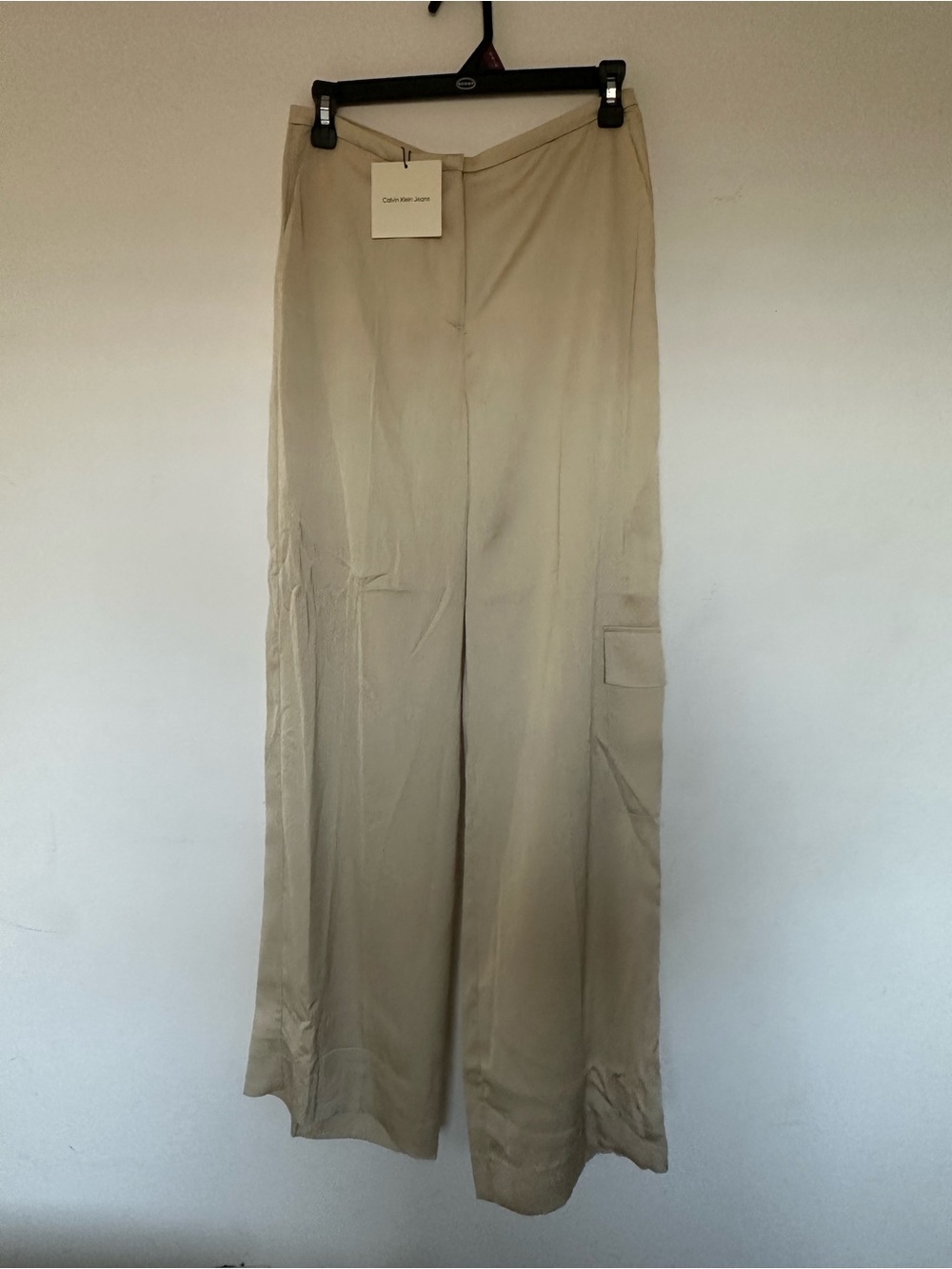 Calvin Klein Textured Satin Wide Leg
Cargo Trousers in Beige size 2
